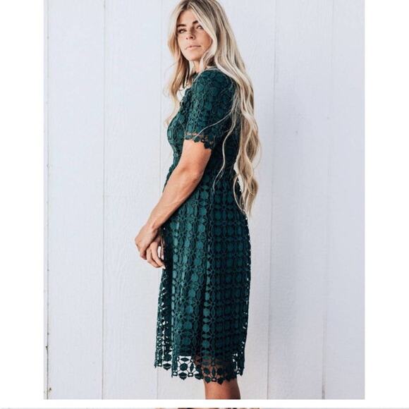 JessaKae Romantic Collared Lace Midi Dress Emerald Green M - Picture 7 of 7